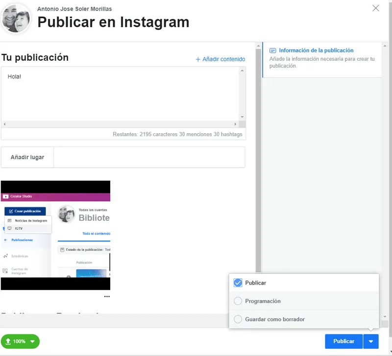 Programar Post en Instagram Gratis desde tu ordenador