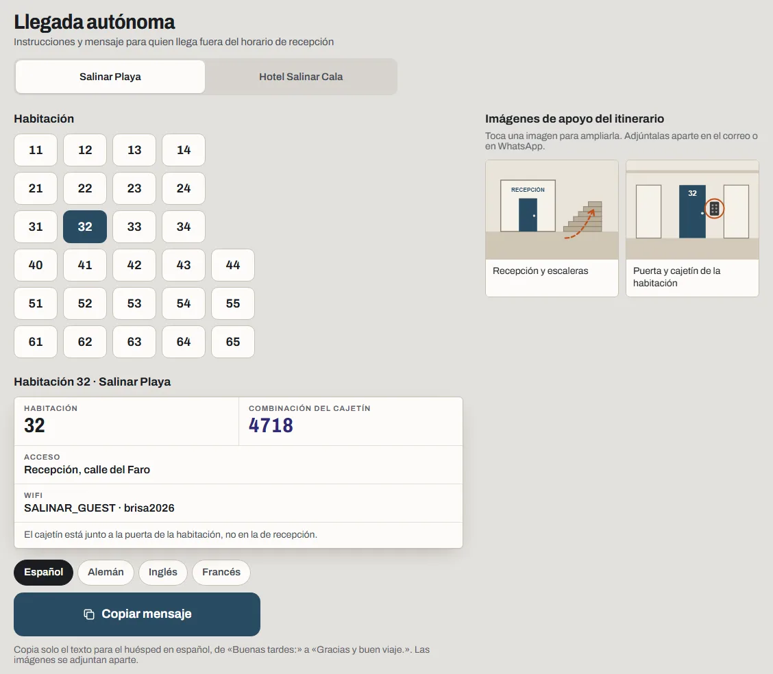 Llegada autónoma: rejilla de habitaciones, combinación del cajetín, acceso, wifi, botones de idioma y Copiar mensaje, e imágenes del recorrido