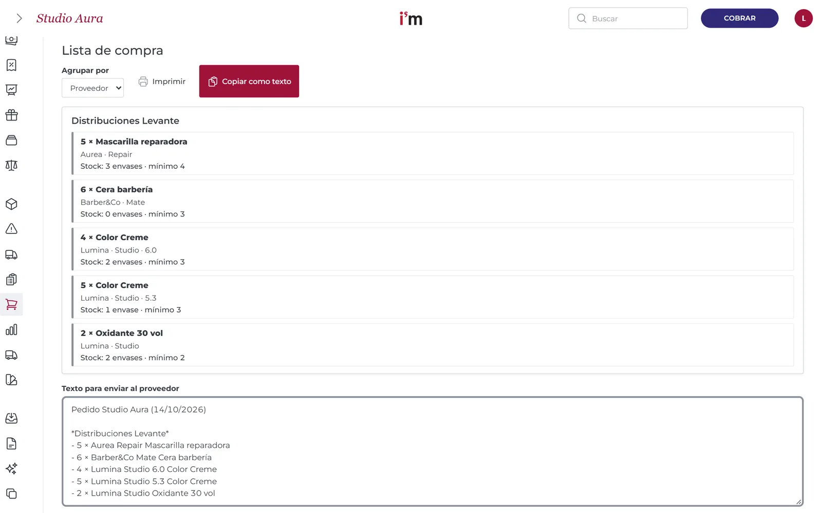 Lista de compra agrupada por proveedor con el texto del pedido listo para enviar