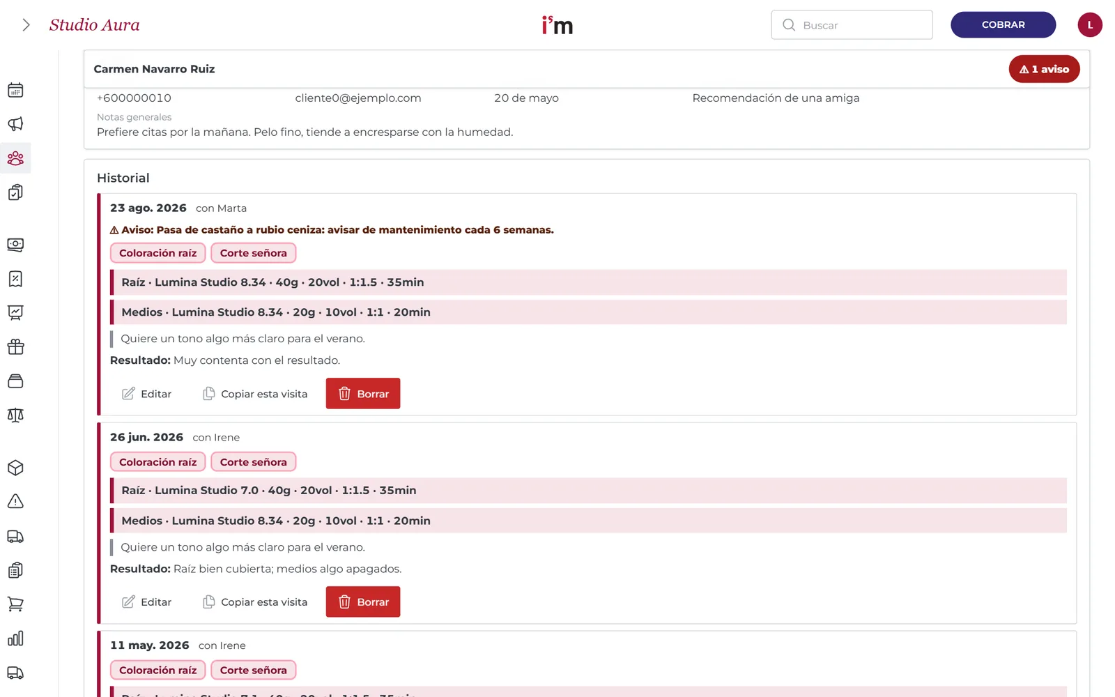 Historial de visitas de una clienta con fecha, empleada, servicios, fórmulas y resultado de cada visita
